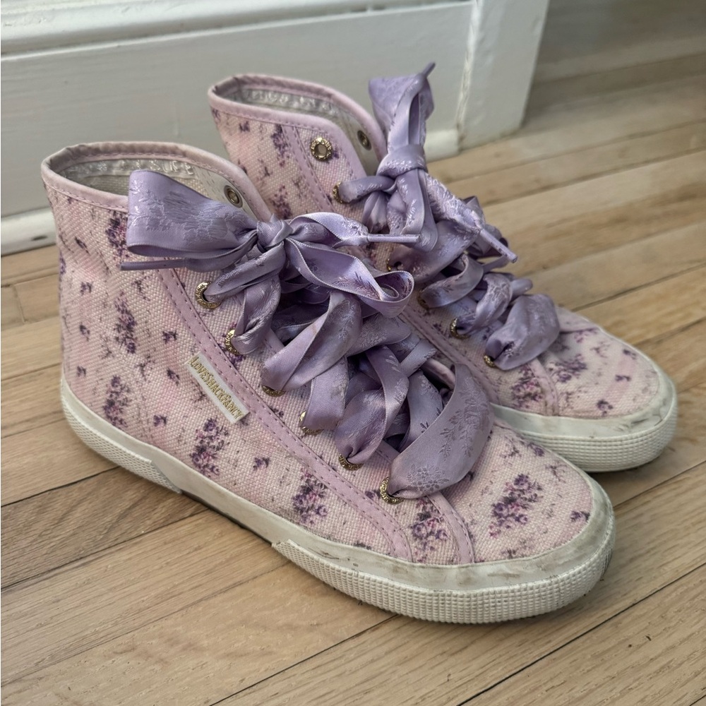 Loveshackfancy x Superga purple ribbon sneakers